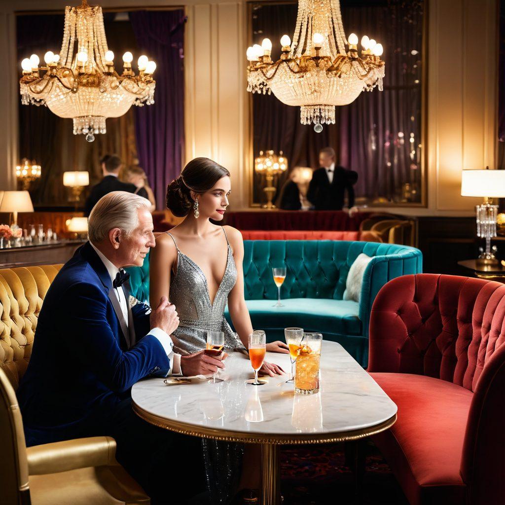 A glamorous young woman in an upscale setting, confidently engaging in conversation with an older gentleman, exuding wealth and charisma. Surround them with luxurious details like sparkling chandeliers, plush seating, and elegant cocktails. Add hints of romance and mystery through warm lighting and soft focus. Capture both excitement and sophistication to represent the allure of sugar dating. vibrant colors. super-realistic.